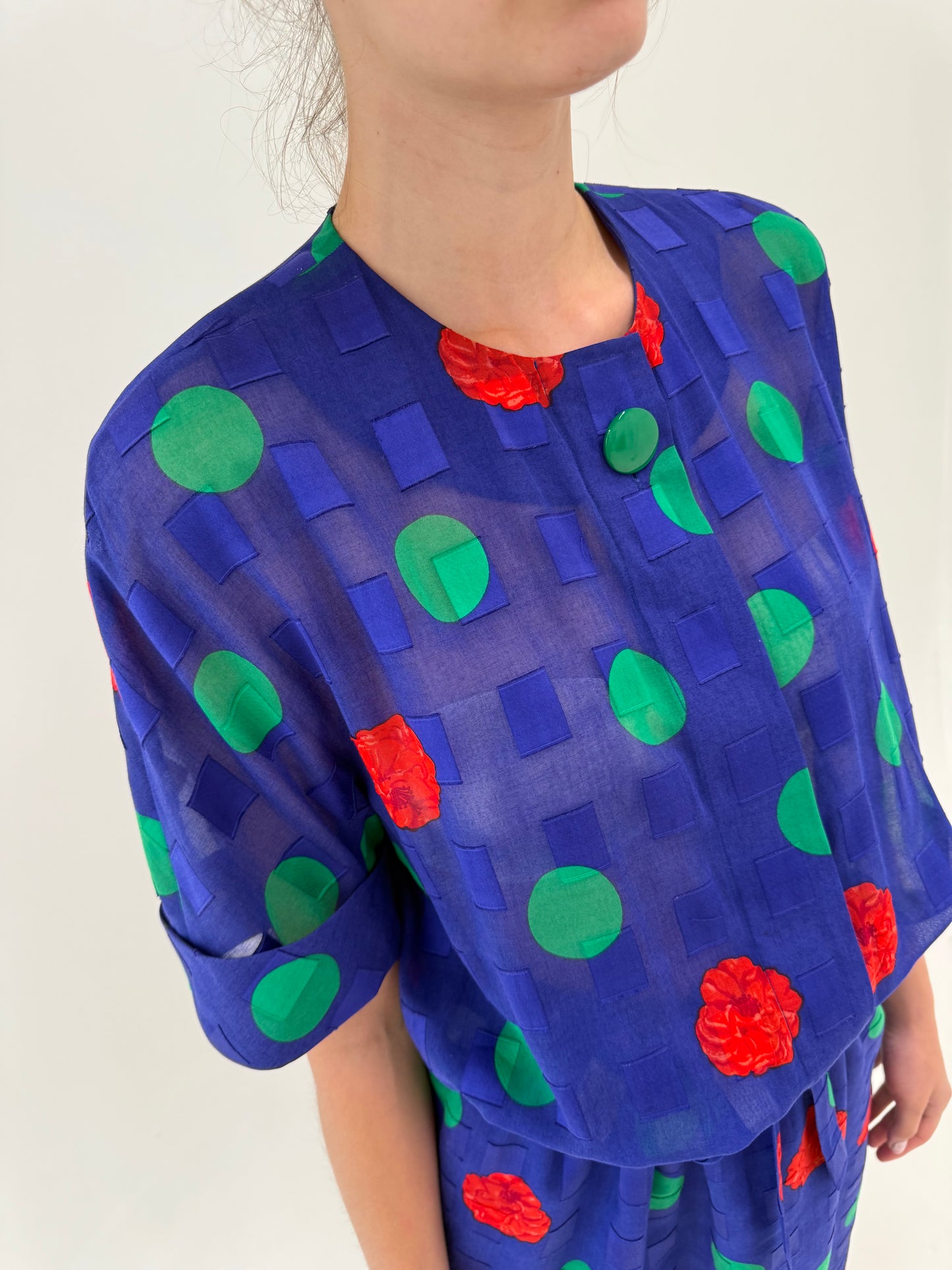 Rochie vintage indigo blue în croi retro modern cu buline din panzica fină texturată geometric