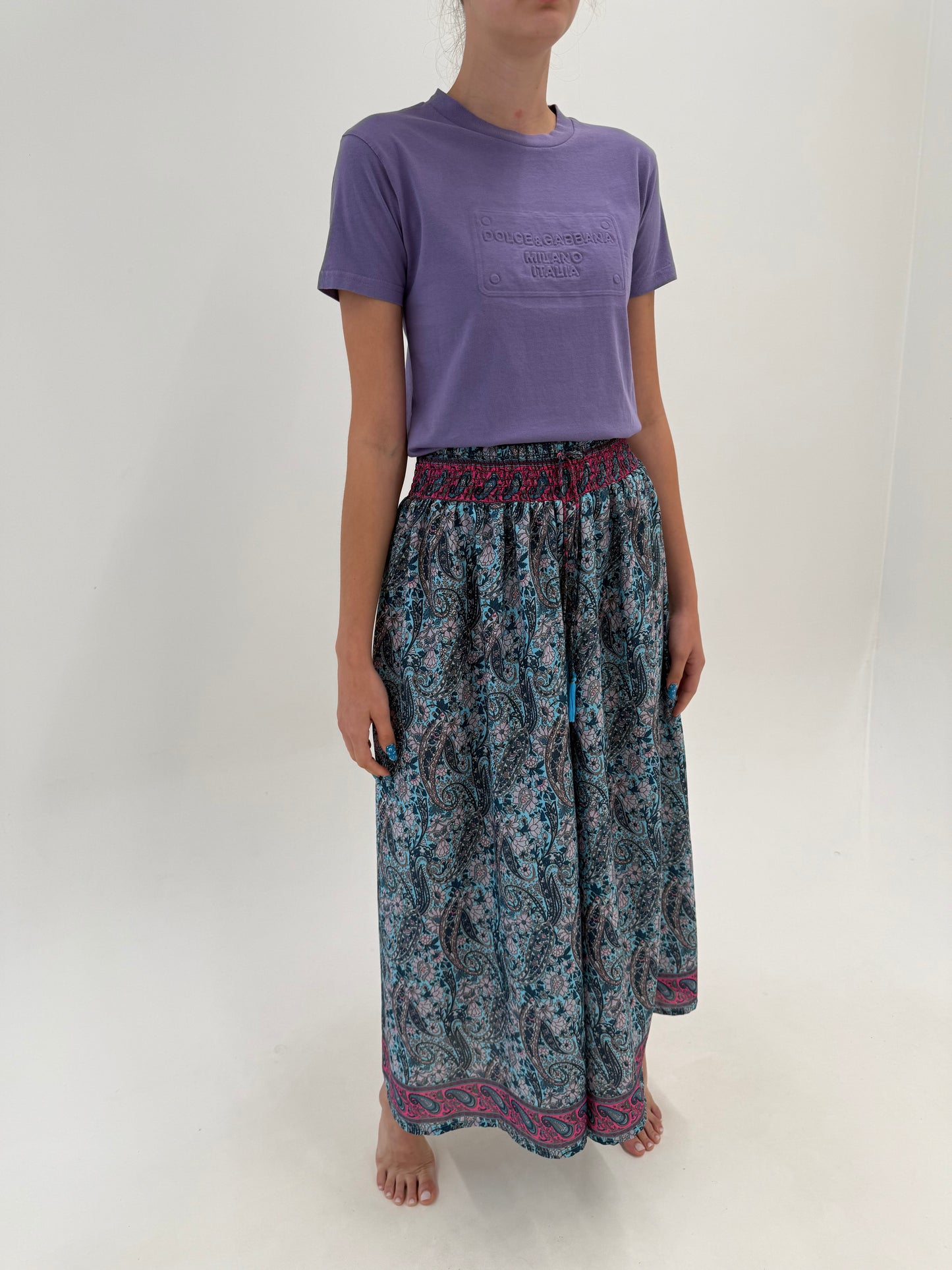Pantaloni palazzo boho din mătase naturală cu talie ultra marcată elastică