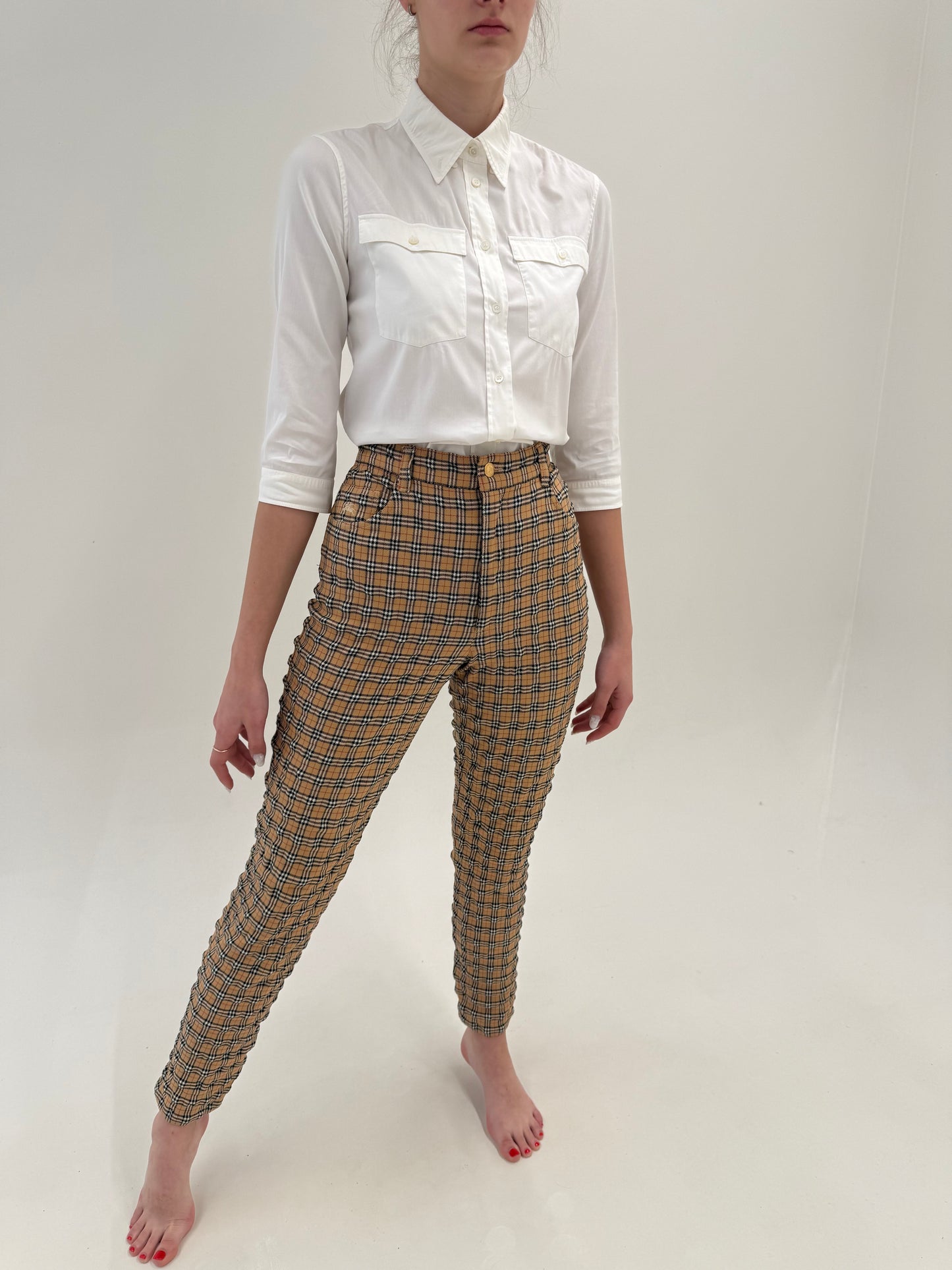 Pantaloni Burberry integral cu printul specific ușor gofrați modelatori