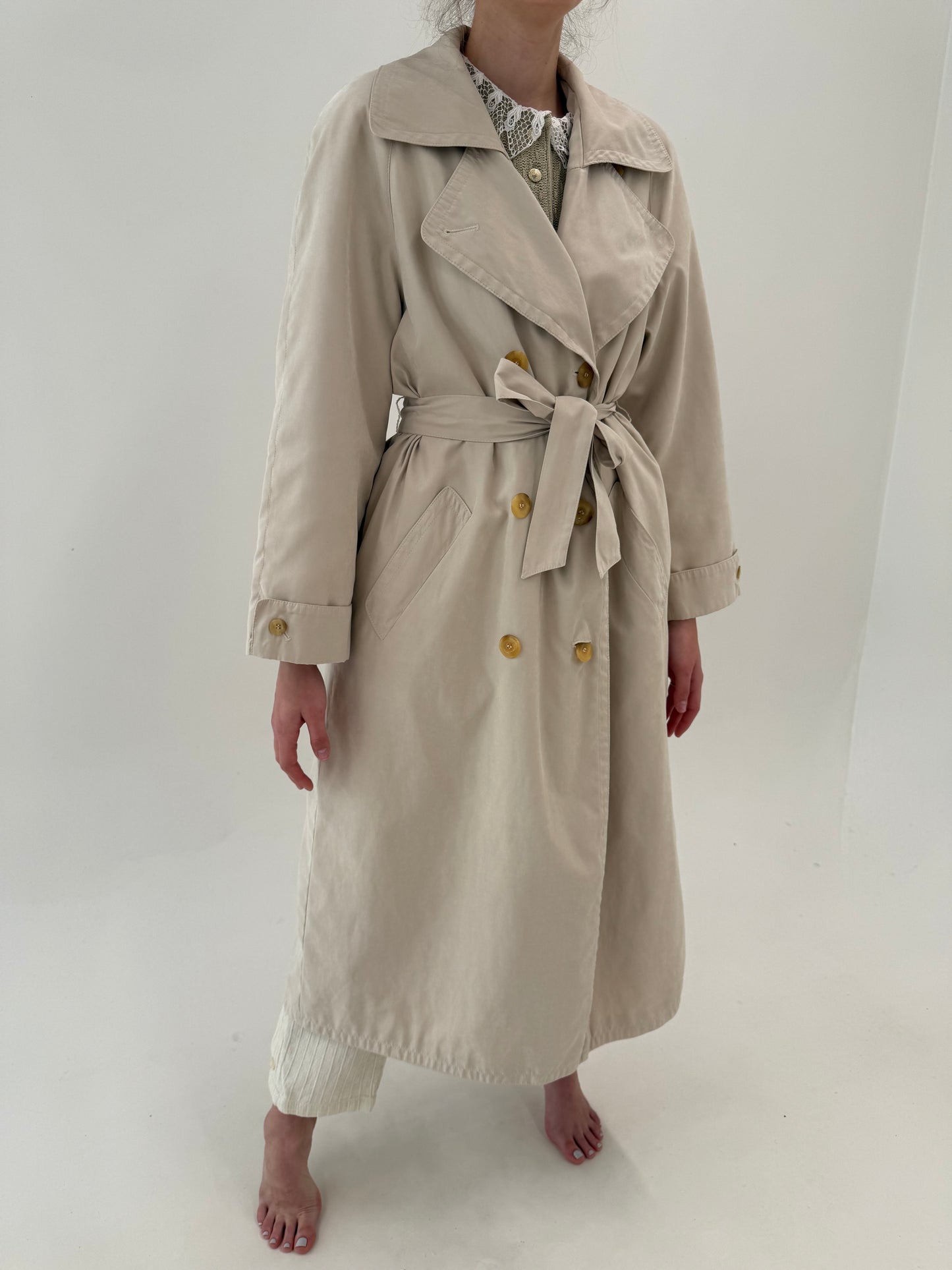 Trench vintage nude în croi lung cu talie reglabilă