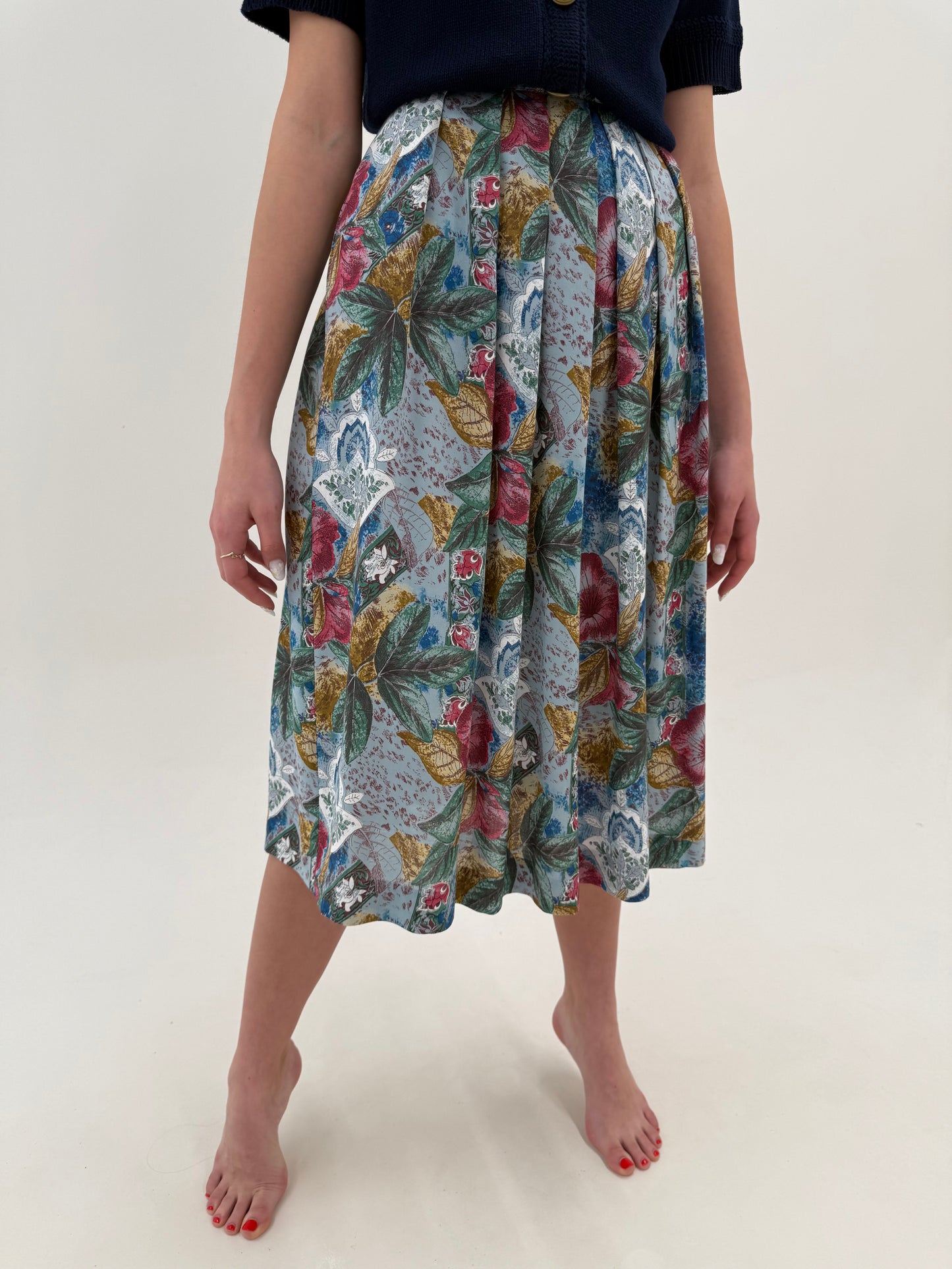 Fusta vintage baby blue plisata cu print și buzunare din panzica