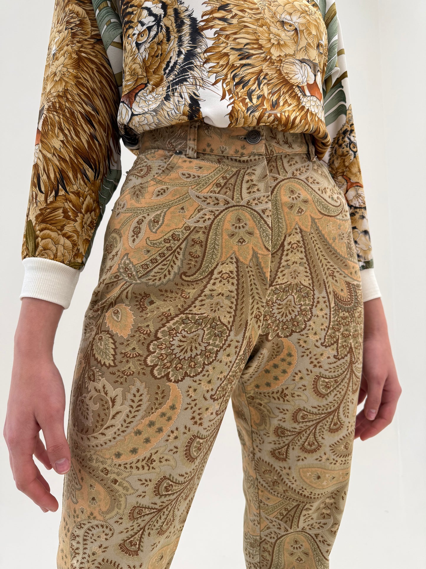 Pantaloni camel Etro petite cu print paisley specific brandului ultra confort modelatori