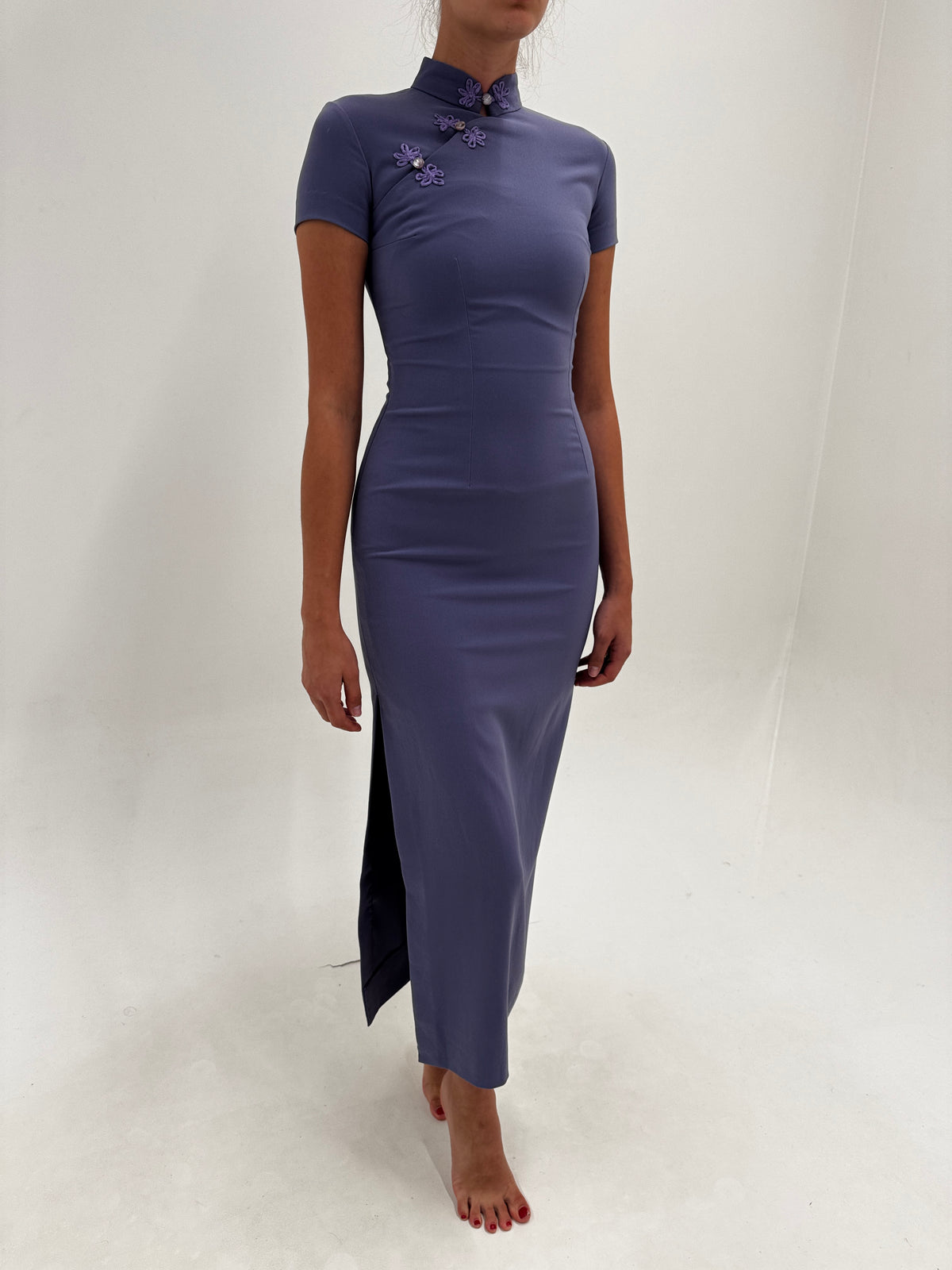 Rochie maxi cu influențe asiatice dusty lavender de cocktail din crep gros