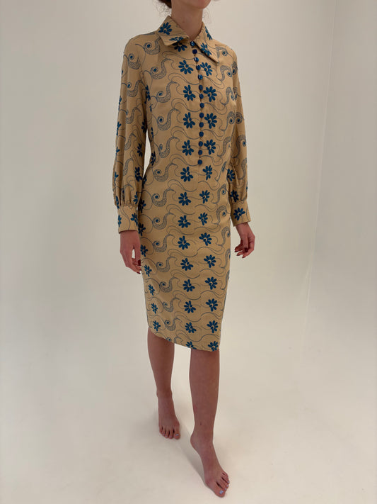 Rochie vintage camel din stofa de lana extrafina integral brodată