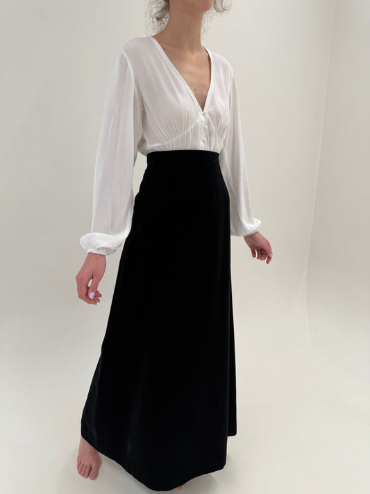 Fustă vintage maxi neagră din catifea premium cu talie ultra înaltă