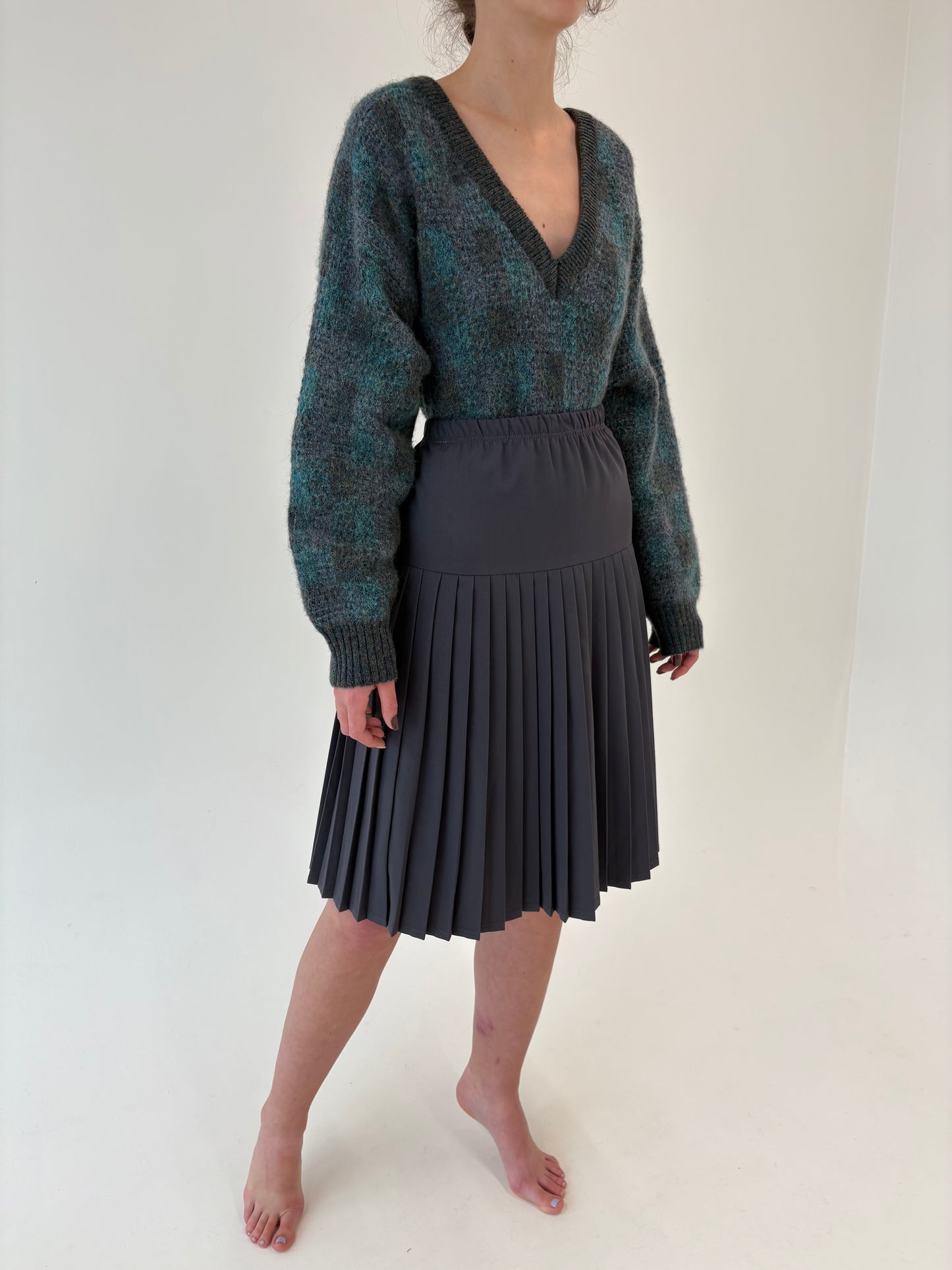 Fustă vintage plisată steel gray din mix de lana extrafina