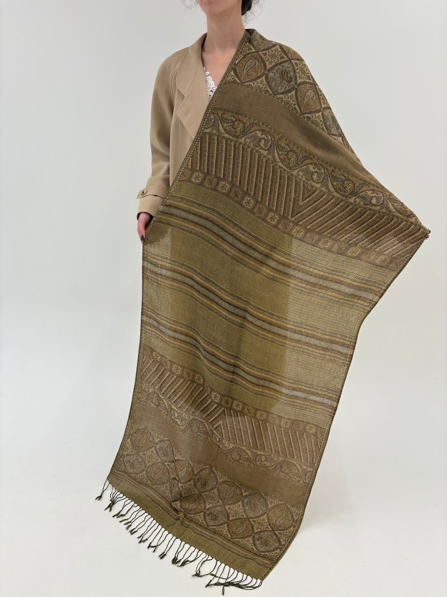 Shawl XXXL excepțional din lana extrafina camel și kaki