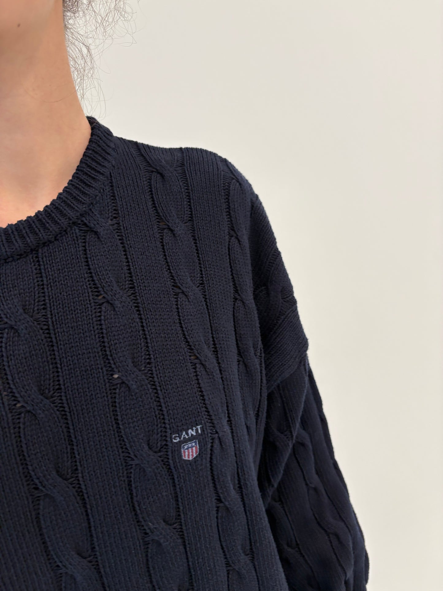 Pulover tall Gant dark Navy din bumbac de gramaj mare cu torsade