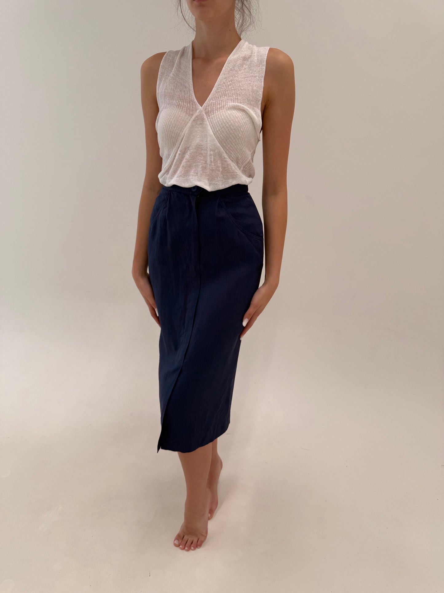 Fustă creion midi spre maxi Navy din pânză excepțională de in cu buzunare