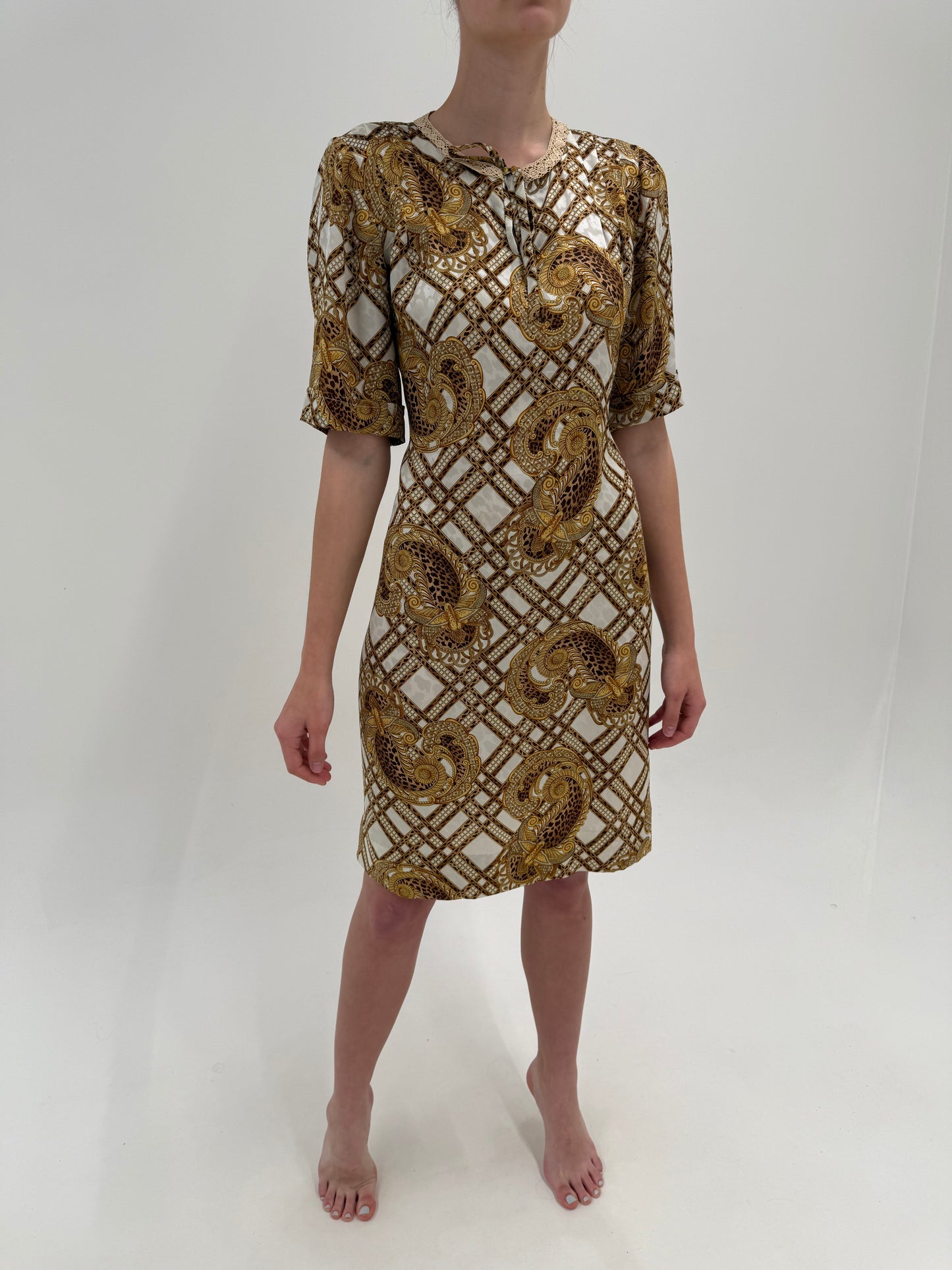 Rochie vintage din mătase naturală cu print baroc în croi lejer cu cordon