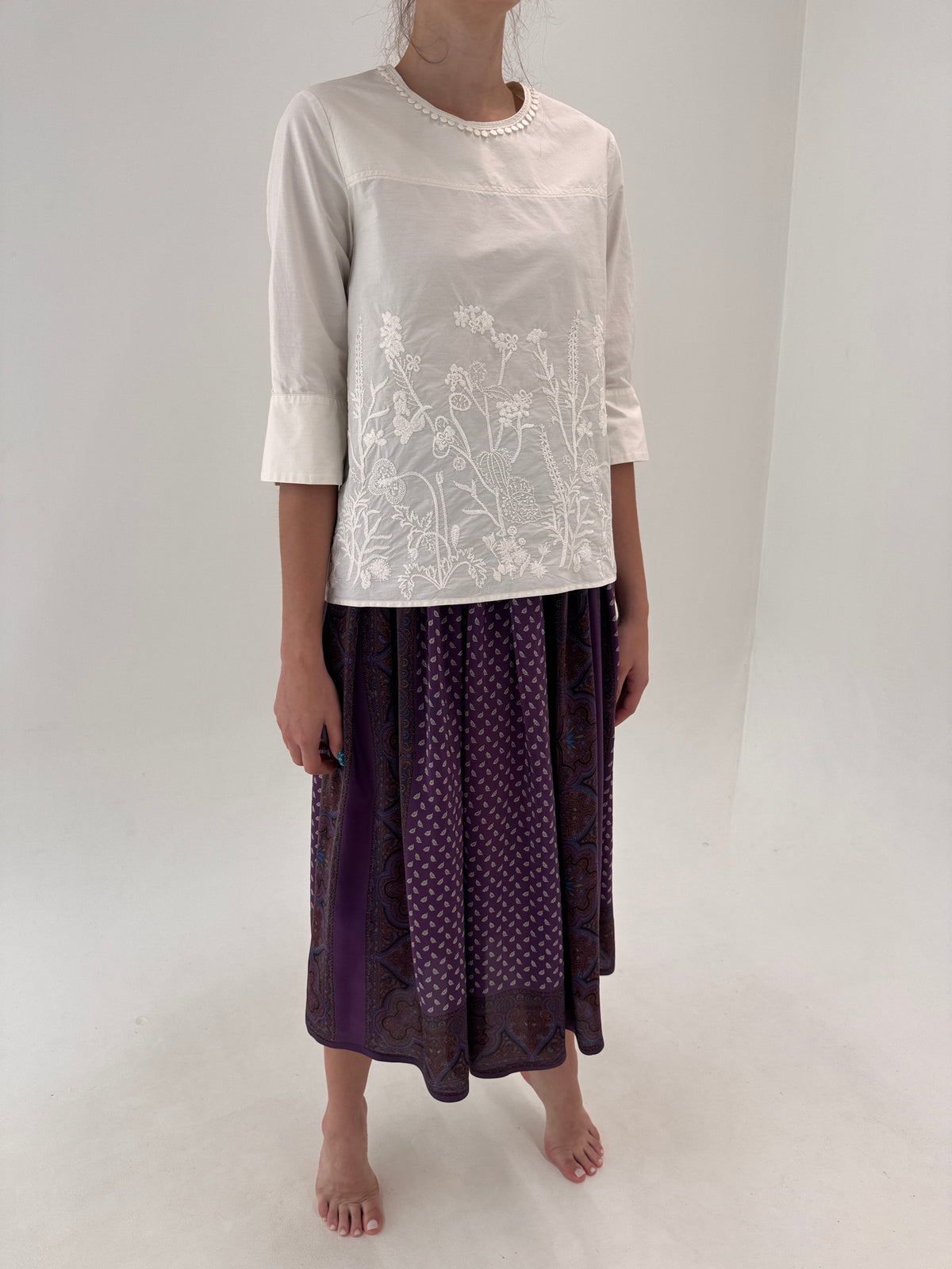 Fustă maxi aubergine cu print paisley din mătase naturală în croi ultra amplu
