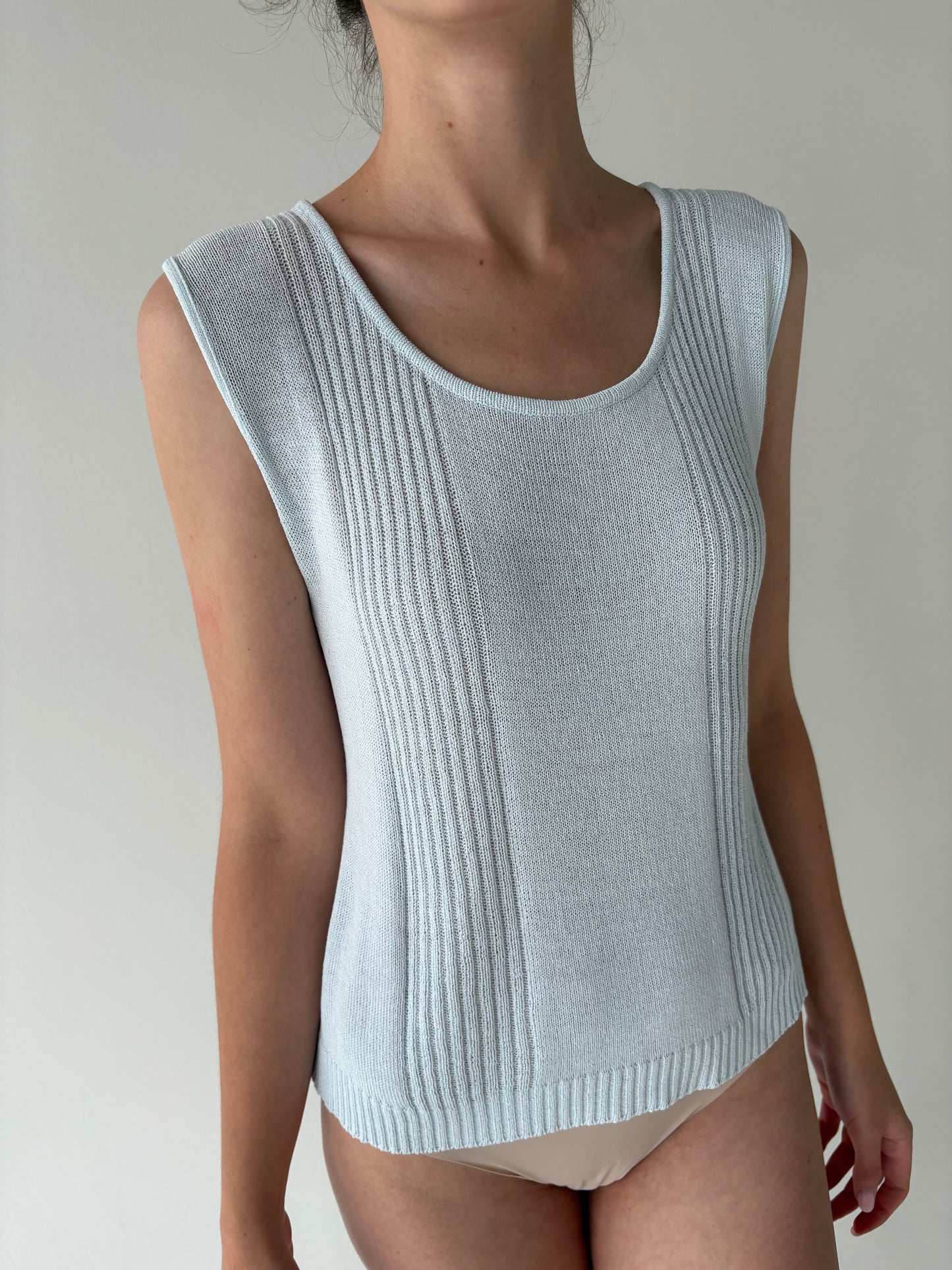 Top vintage baby blue din jerse de in și bumbac