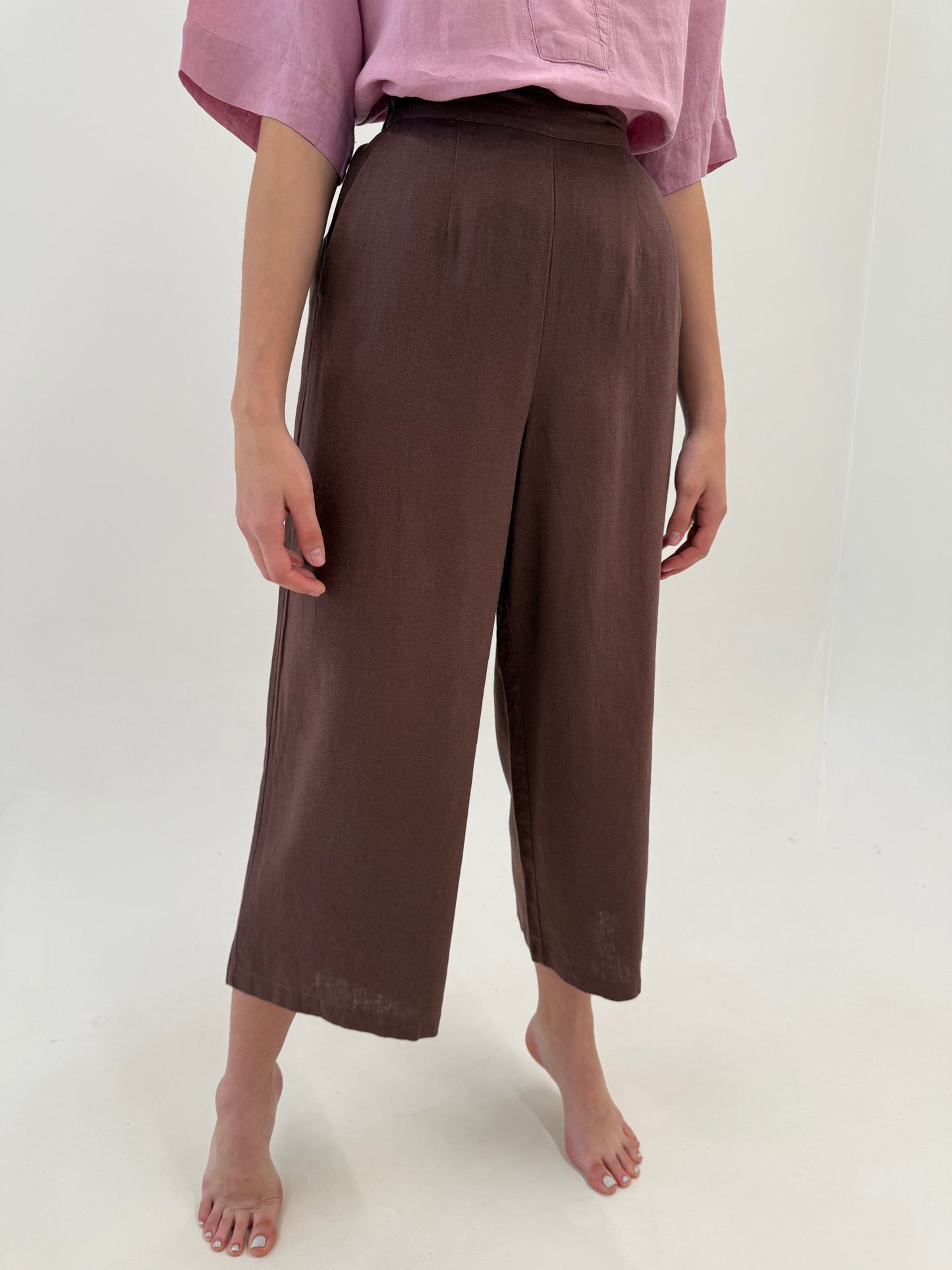 Pantaloni palazzo chocolate brown cu talie ultra înaltă elastică marcată