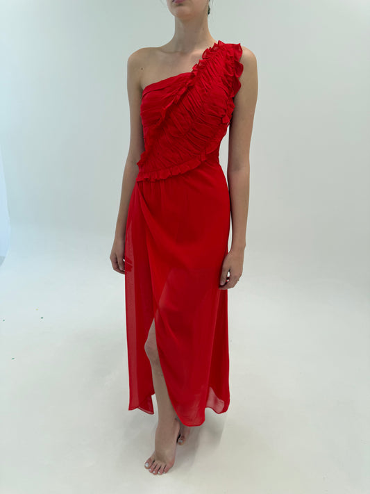 Rochie maxi cherry red de seară în croi elaborat asimetric cu corsaj