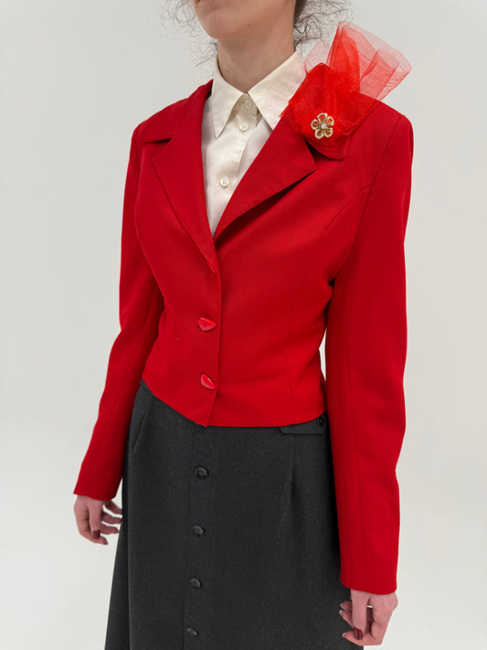 Sacou vintage roșu tare cambrat din lana extrafina cu broșă inclusă