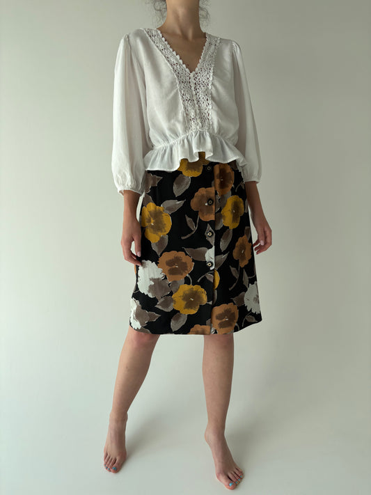Fustă vintage neagră cu print floral superb și talie ultra înaltă marcată