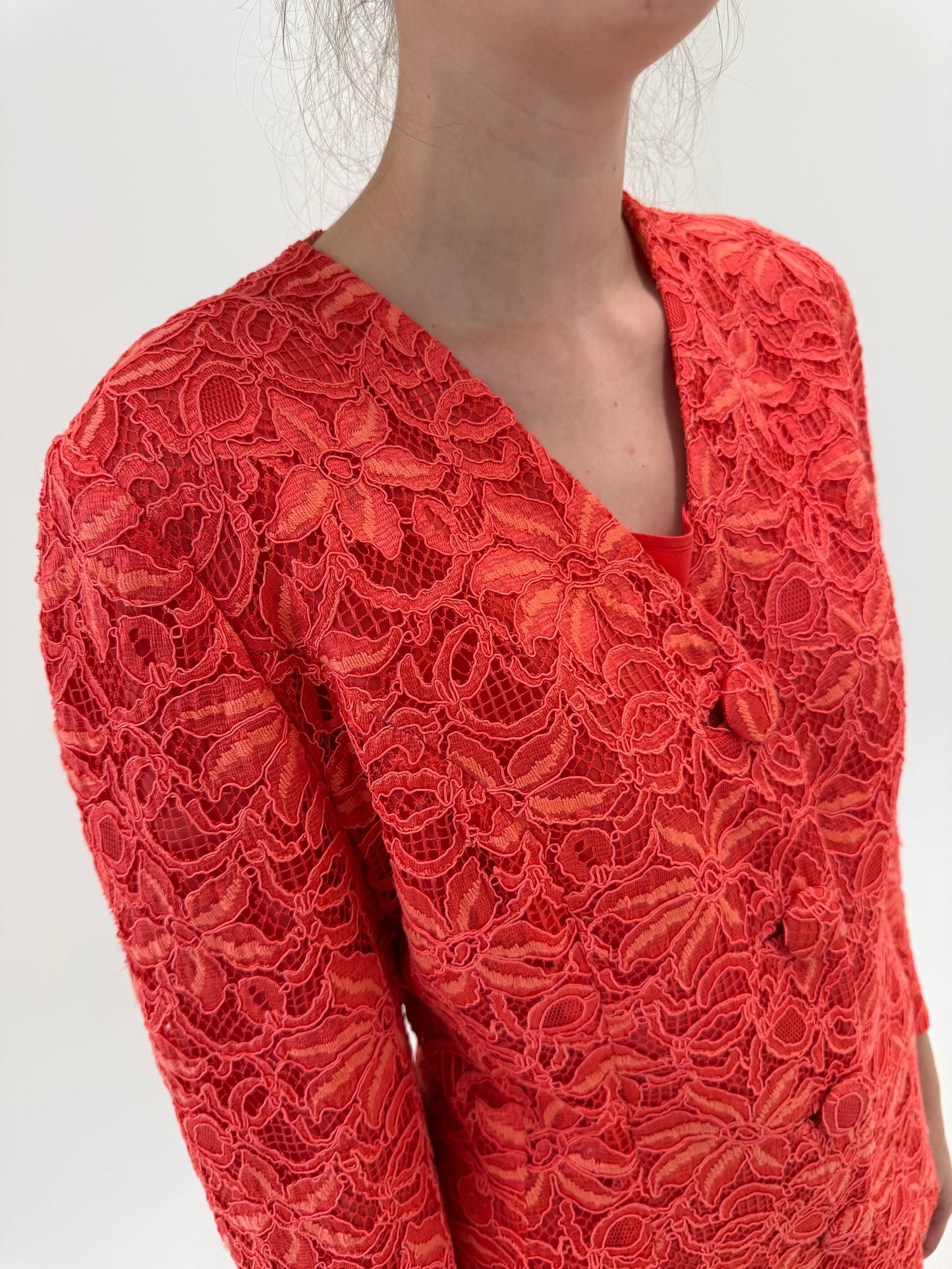 Set italian couture din dantelă quipure lucrat manual coral red