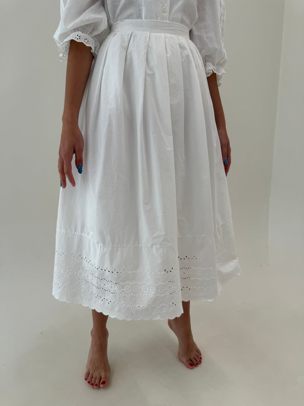 Fustă vintage excepțională maxi din bumbac ultra amplă cu broderie anglaise