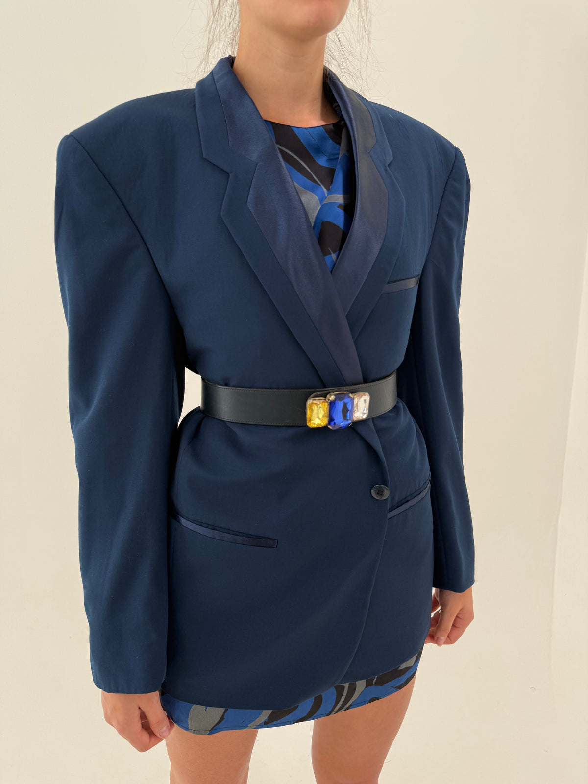 Sacou tall dark aqua blue din stofita extrafina de lana cu revere rotunjite