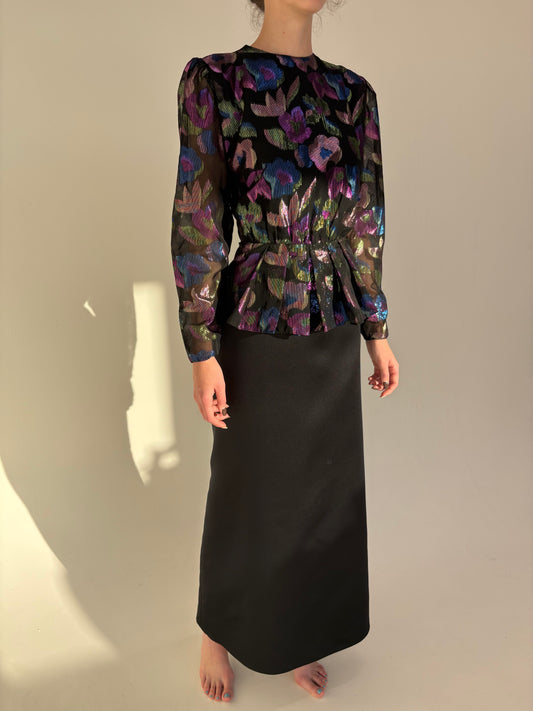 Rochie maxi old vintage de seară anii 80 cu peplum din jacquard lamé