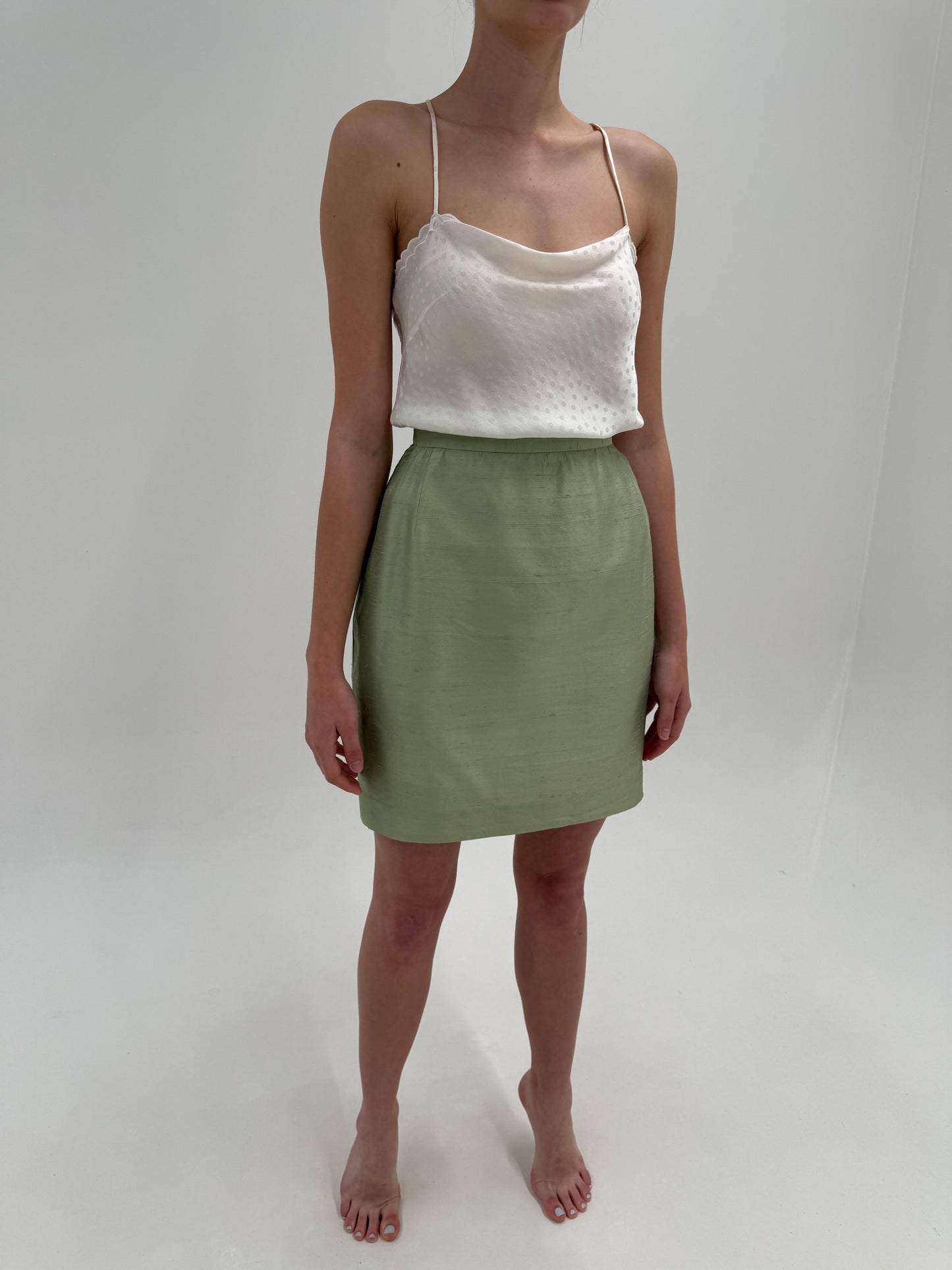 Deux piece vintage in stil Chanel din mătase naturală dupioni în culori pudrate
