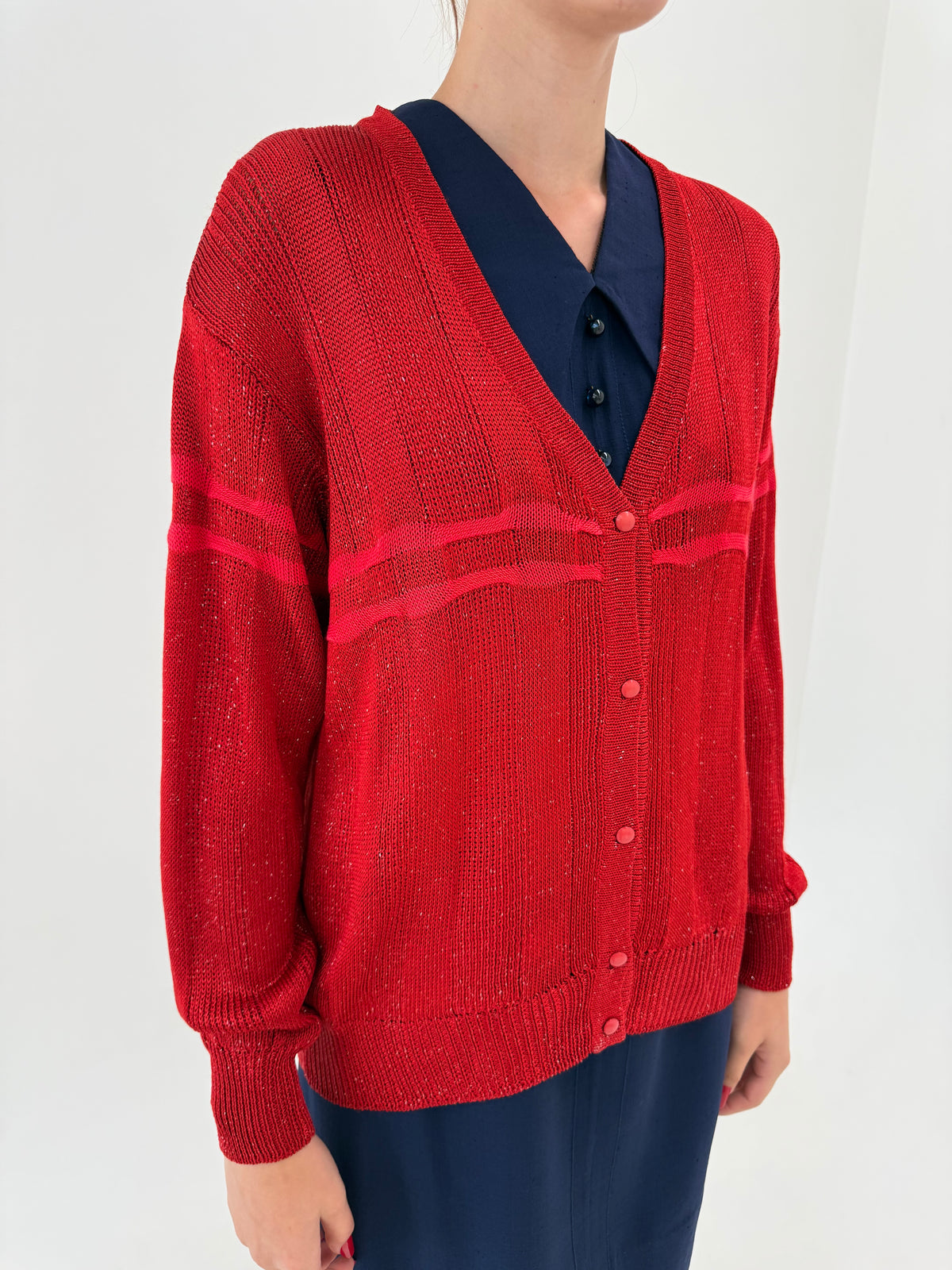 Cardigan vintage roșu superb brick din Vascoza satinata excepțională cu inserții fine aurii