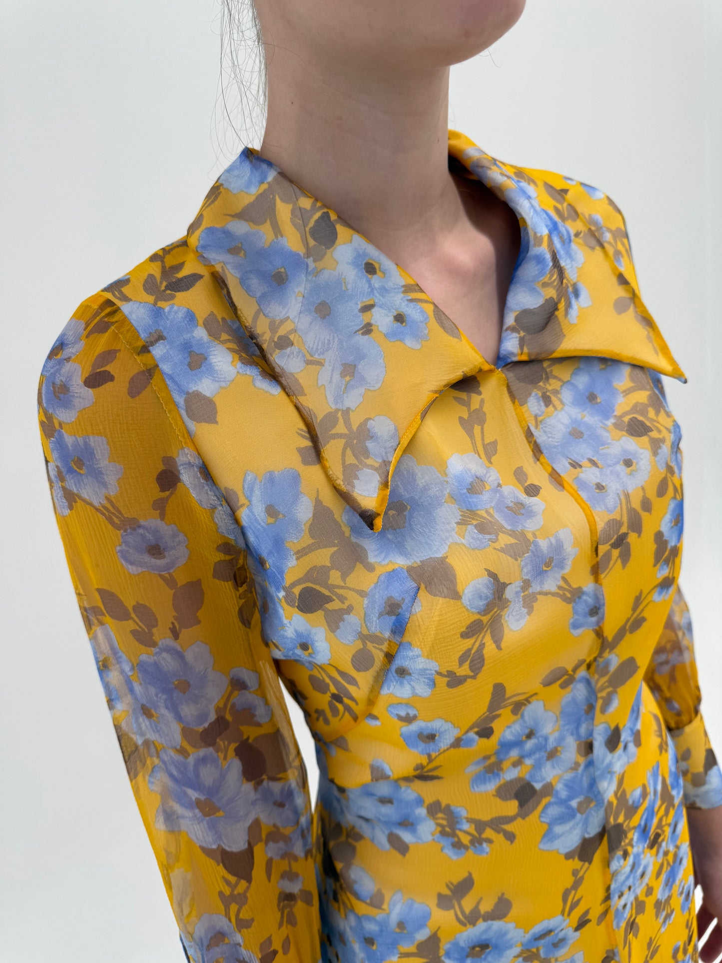 Rochie maxi vintage din chiffon de mătase naturală cu print superb floral baby blue