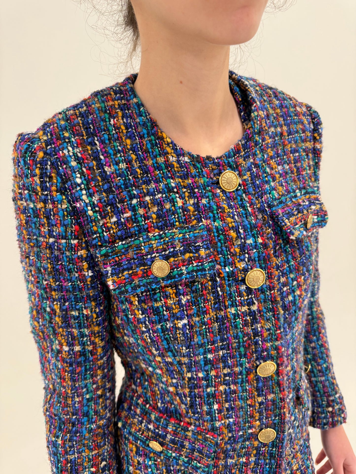 Set vintage in stil Chanel din 3 piese din tweed superb multicolor