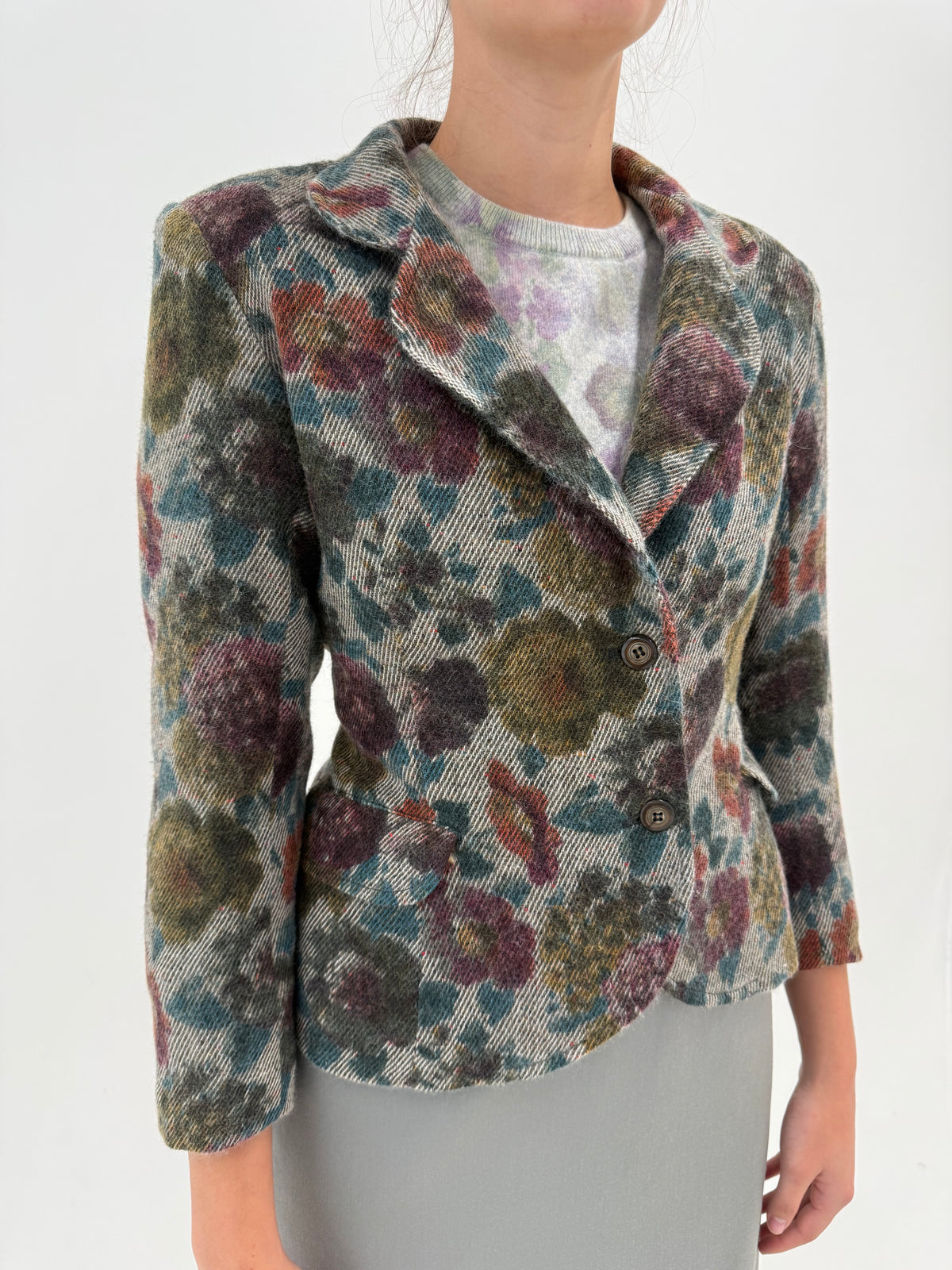 Sacou vintage petite cambrat din tweed de lana cu print floral superb