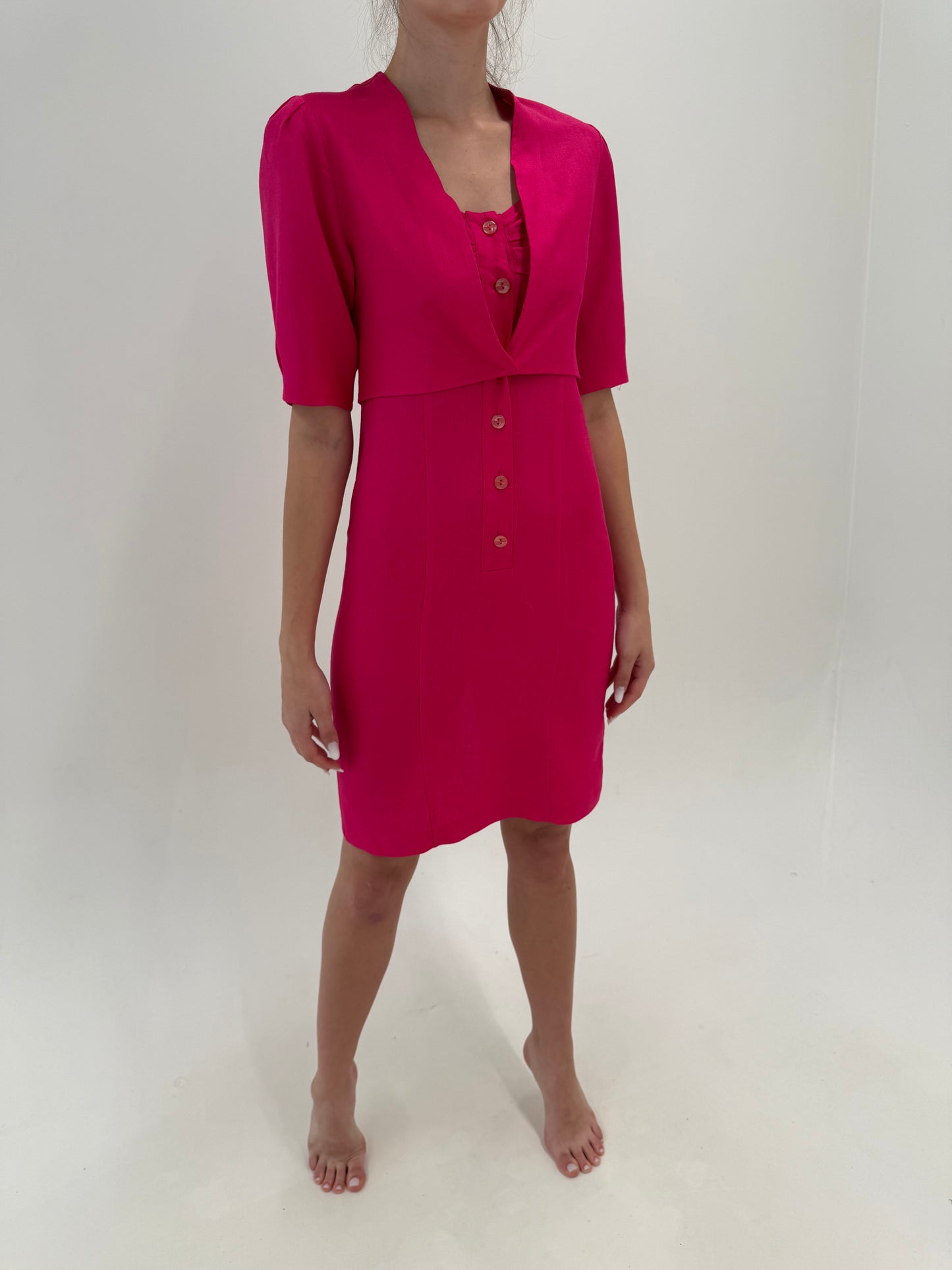 Set vintage fucsia din pânză excepțională de in în croi chic
