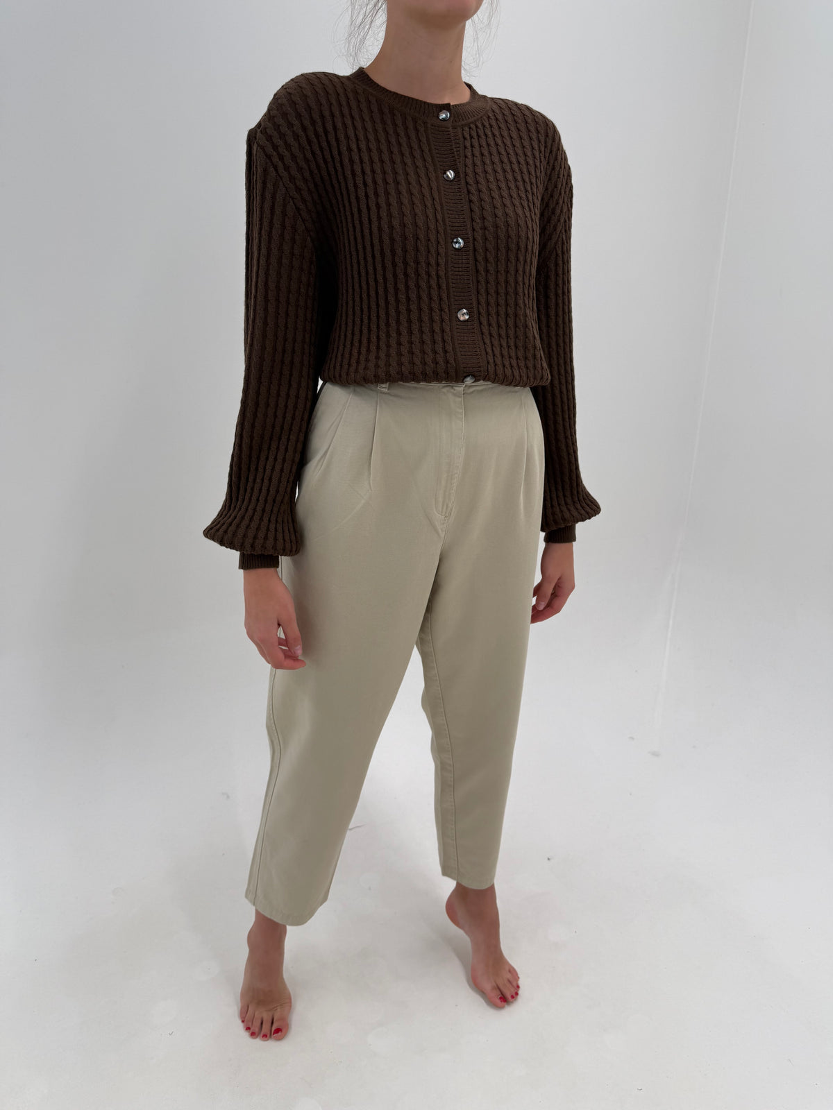 Pantaloni Ralph Lauren camel cu pense și talie ultra înaltă din heavy cotton twill