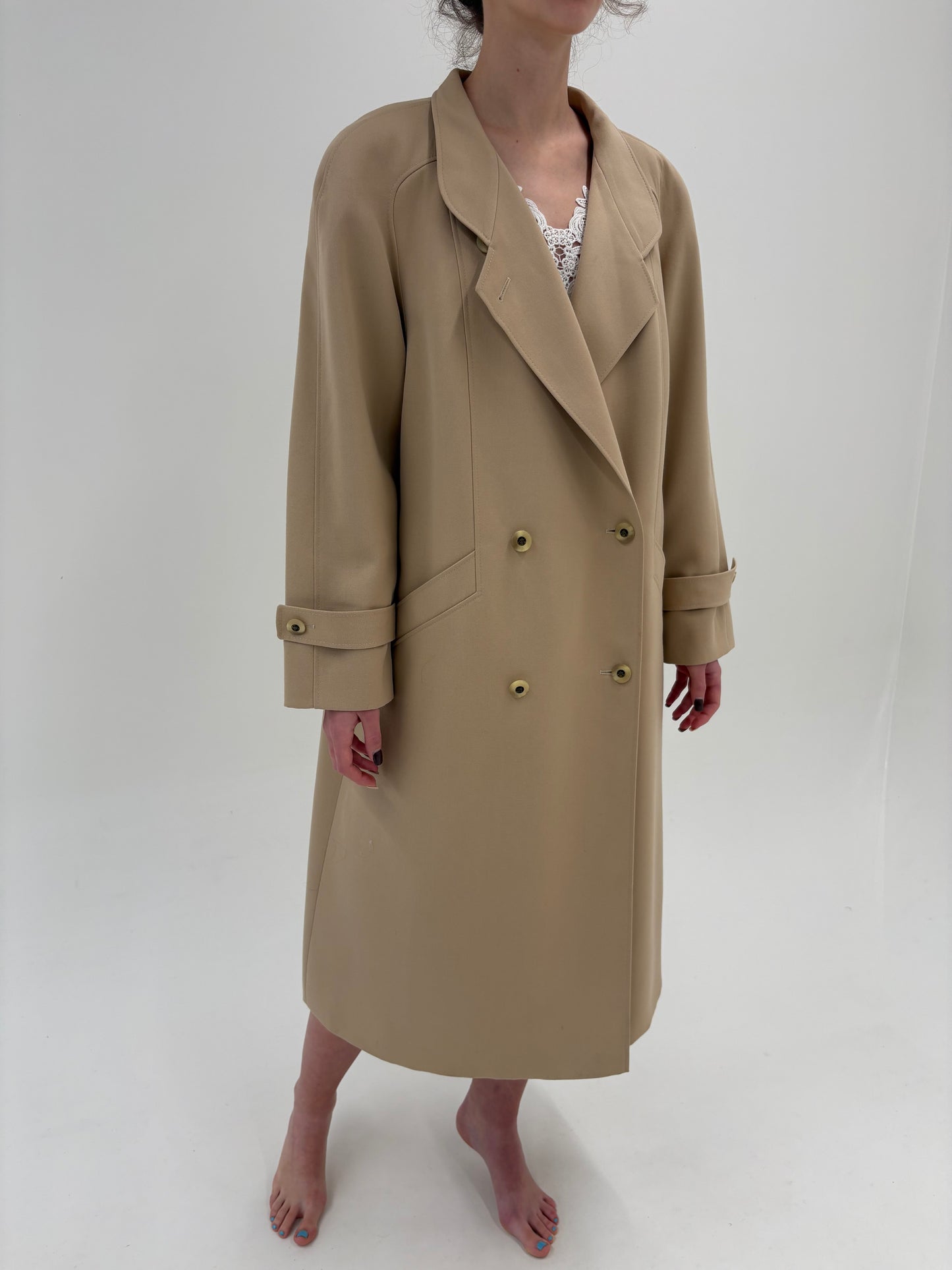 Palton old vintage anii 80 din twill excepțional de lana sand nude