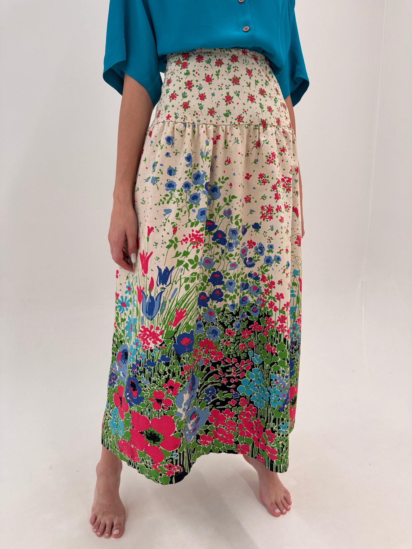 Fustă maxi vintage din pânză nude cu print floral superb