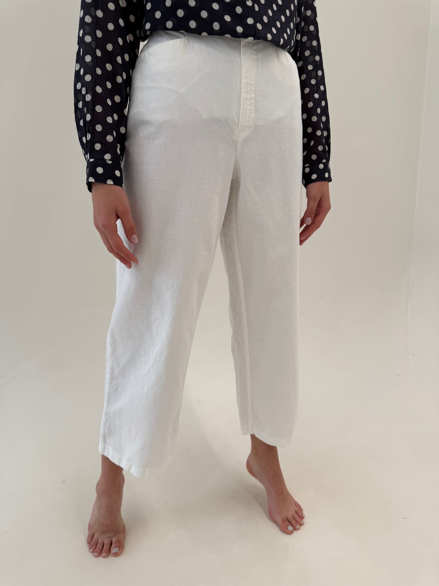 Pantaloni albi țigaretă cu talie înaltă din pânză excepțională de in și bumbac
