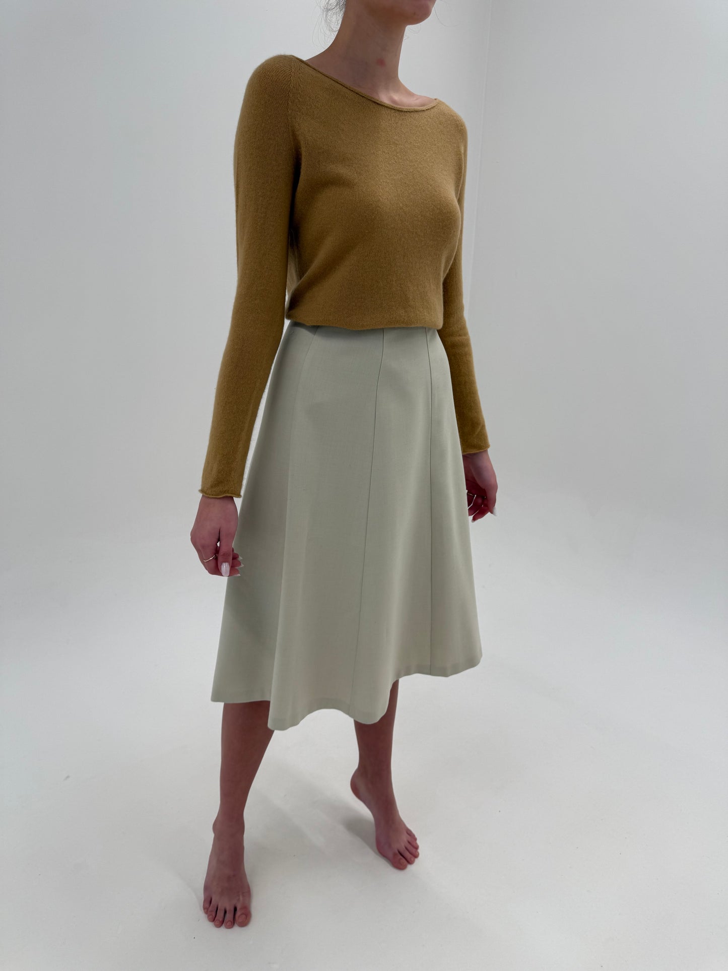 Fustă off white din lana extrafina de primăvară cu talie ultra înaltă