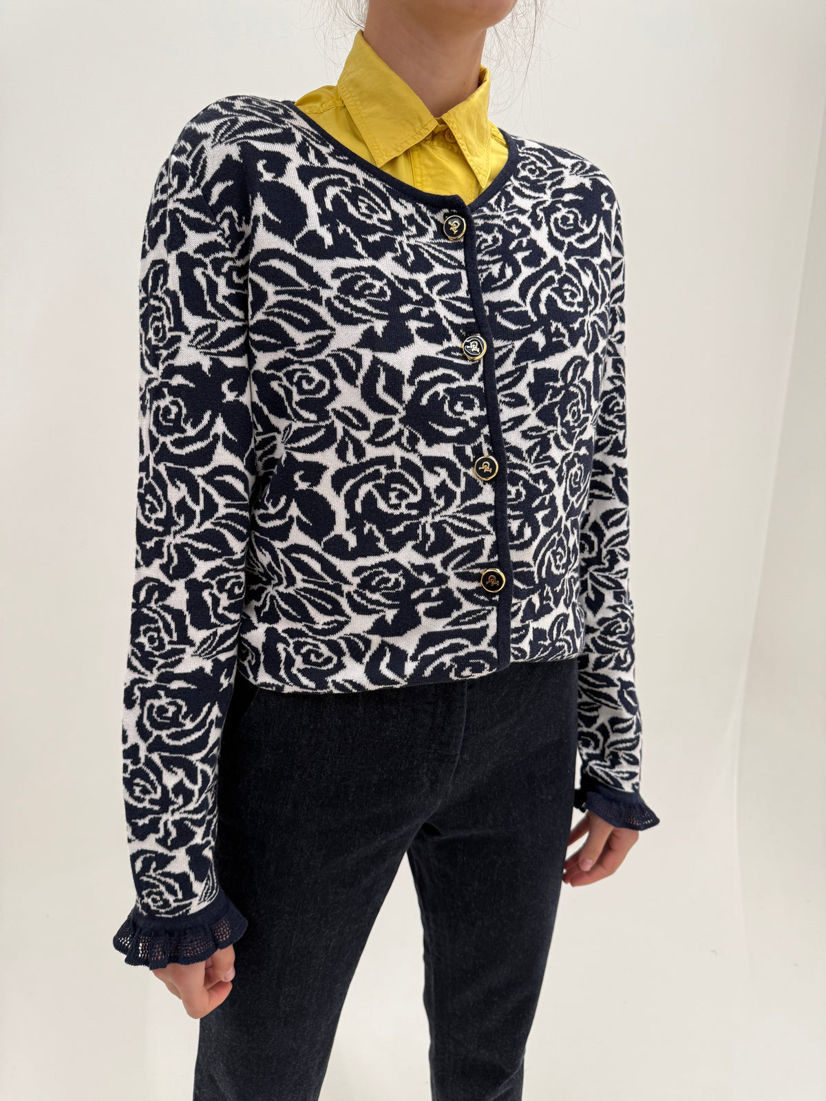 Jacheta Rocco Barocco din tricot gros dublu și print floral Navy stilizat