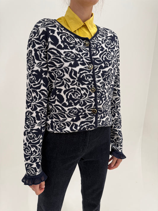 Jacheta Rocco Barocco din tricot gros dublu și print floral Navy stilizat
