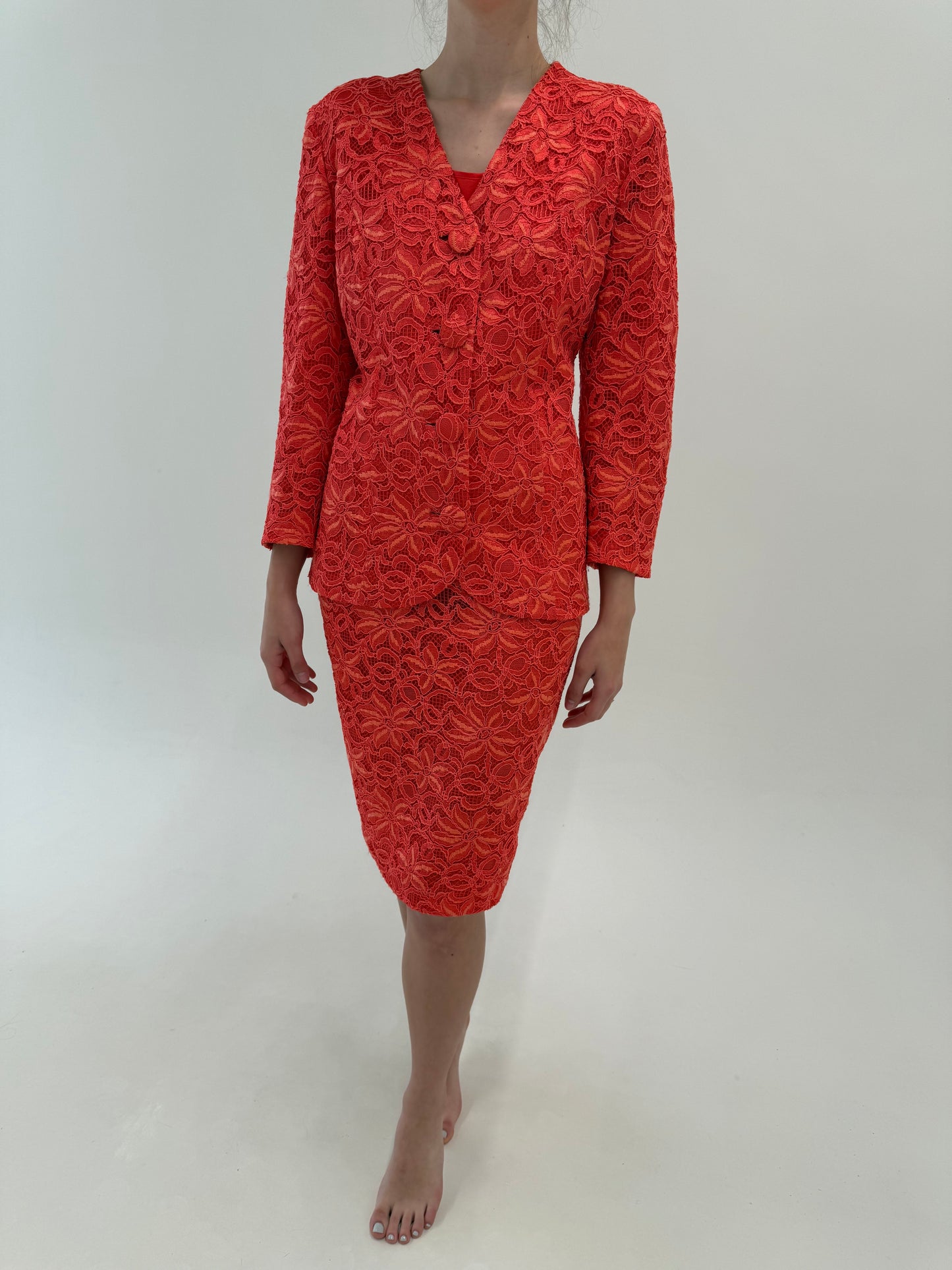 Set italian couture din dantelă quipure lucrat manual coral red