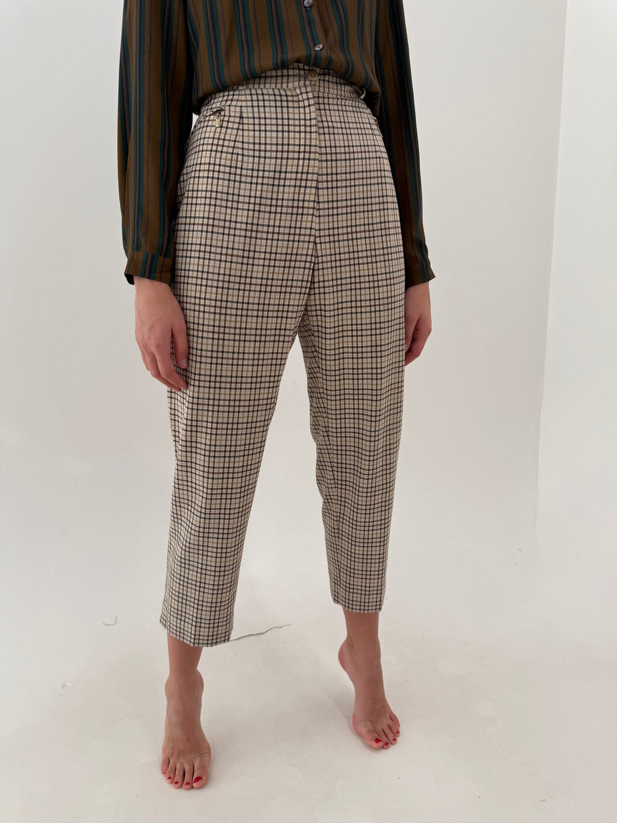 Pantaloni camel în carouri din lanita extrafina cu talie ultra înaltă