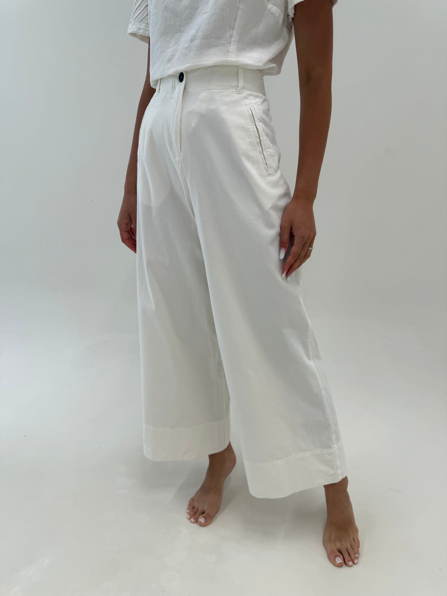 Pantaloni palazzo de brand luxury italian butter white din pânză de bumbac
