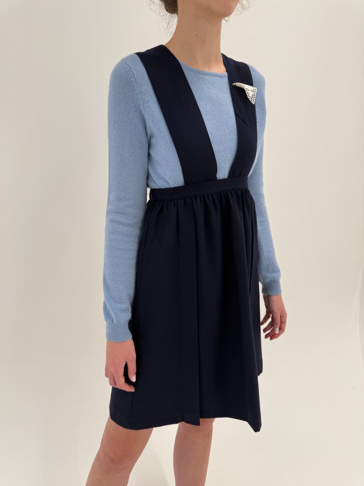 Sarafan vintage din lana extafina navy cu fustă super amplă și talie ultra înaltă