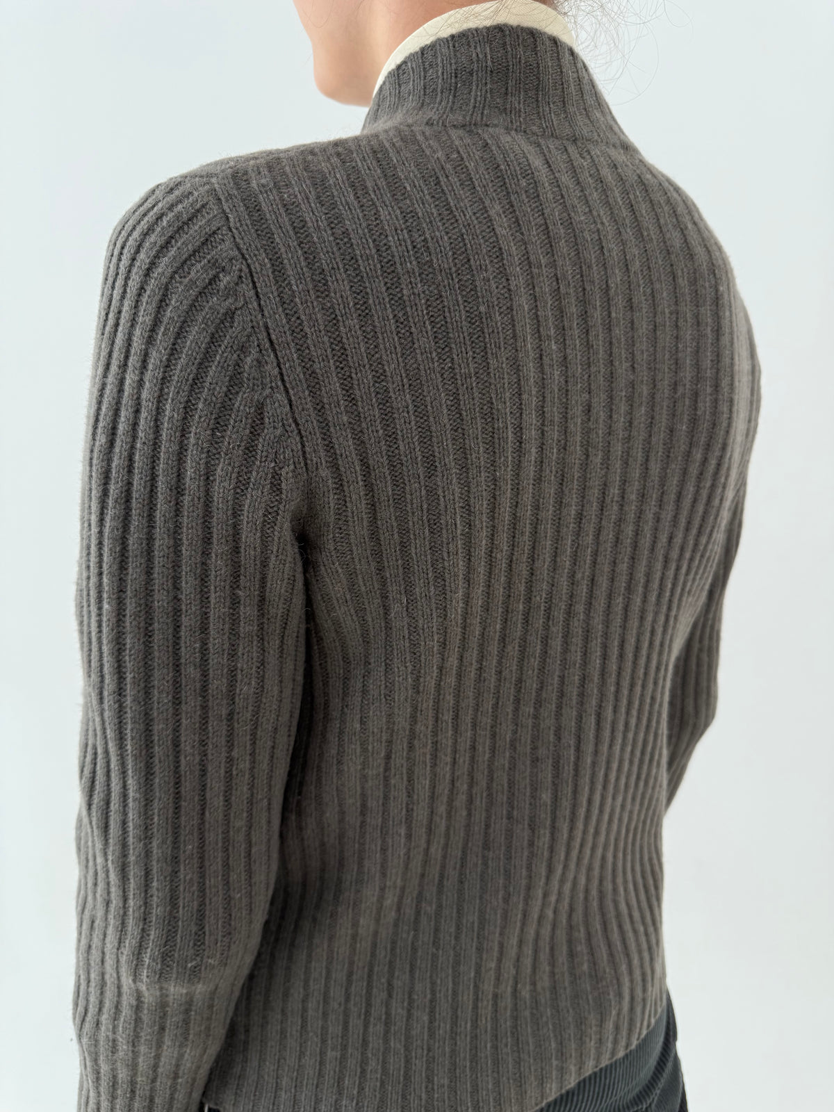 Cardigan gros tip jachetă light kaki din lana extrafina ribbed de gramaj mare