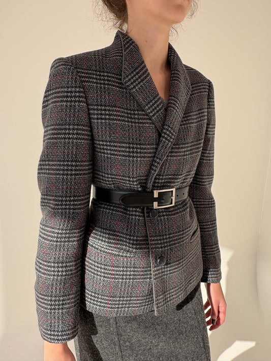 Sacou în carouri cu dungi fine burgundy din lana extrafina