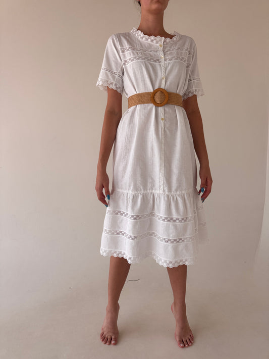Rochie vintage din pânză excepțională de bumbac tip jacquard cu macrame