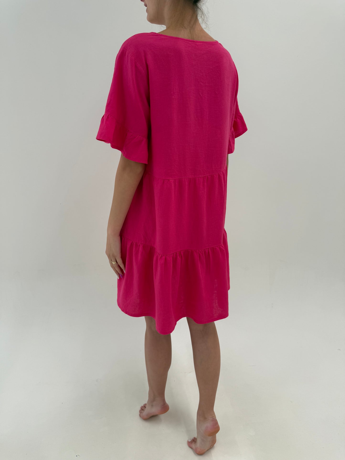 Rochie din in premium fucsia în croi lejer ultra confort