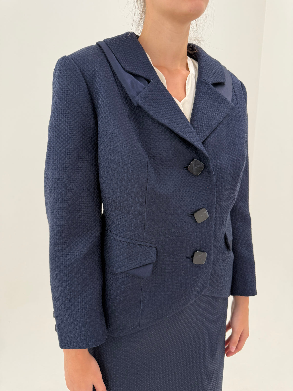 Deux piece din tweed de mătase naturală excepțională gros Navy blue