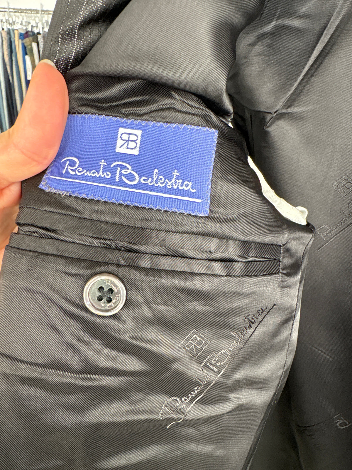 Costum elegant negru de brand luxury Italian Renato Balestra din lana satinata