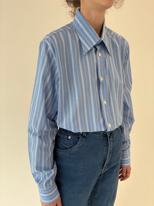 Cămașa premium baby blue cu dungi verticale din poplin plin de bumbac