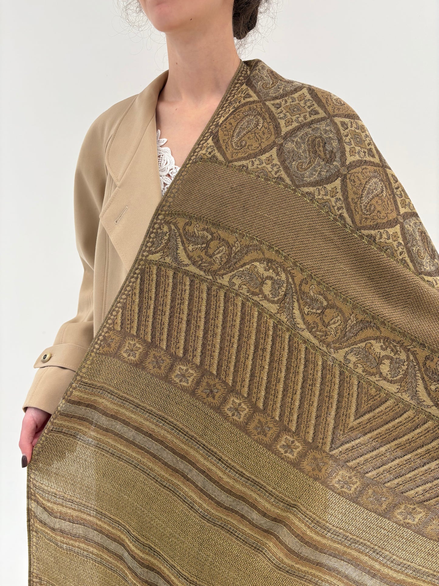 Shawl XXXL excepțional din lana extrafina camel și kaki