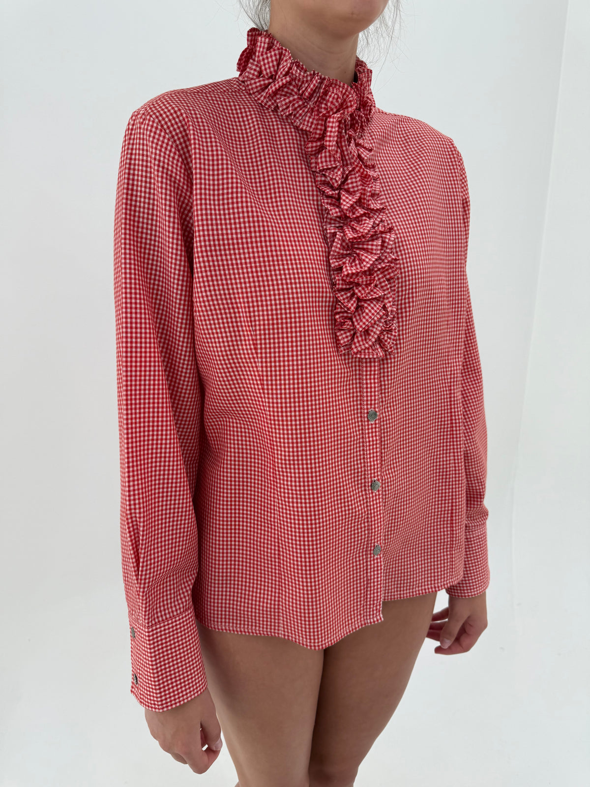 Cămașa vintage gingham din bumbac plin cu jabou